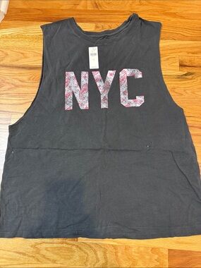 Recycled Karma Black Muscle Tank with Floral NYC Appliqué